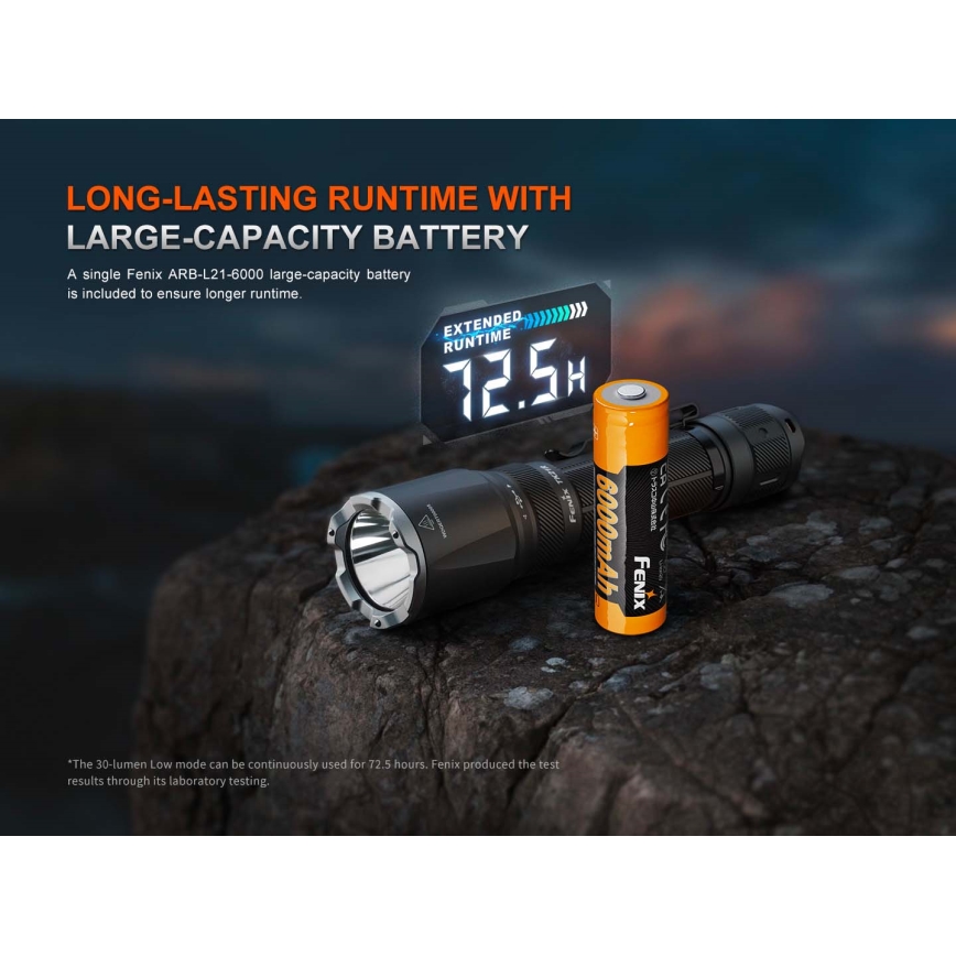 Fenix TK21RBLK - LED акумулаторен фенер с регулируема яркост и LED/USB зареждане, 6000 mAh, IP68, 3600 lm, 72,5 h, черен
