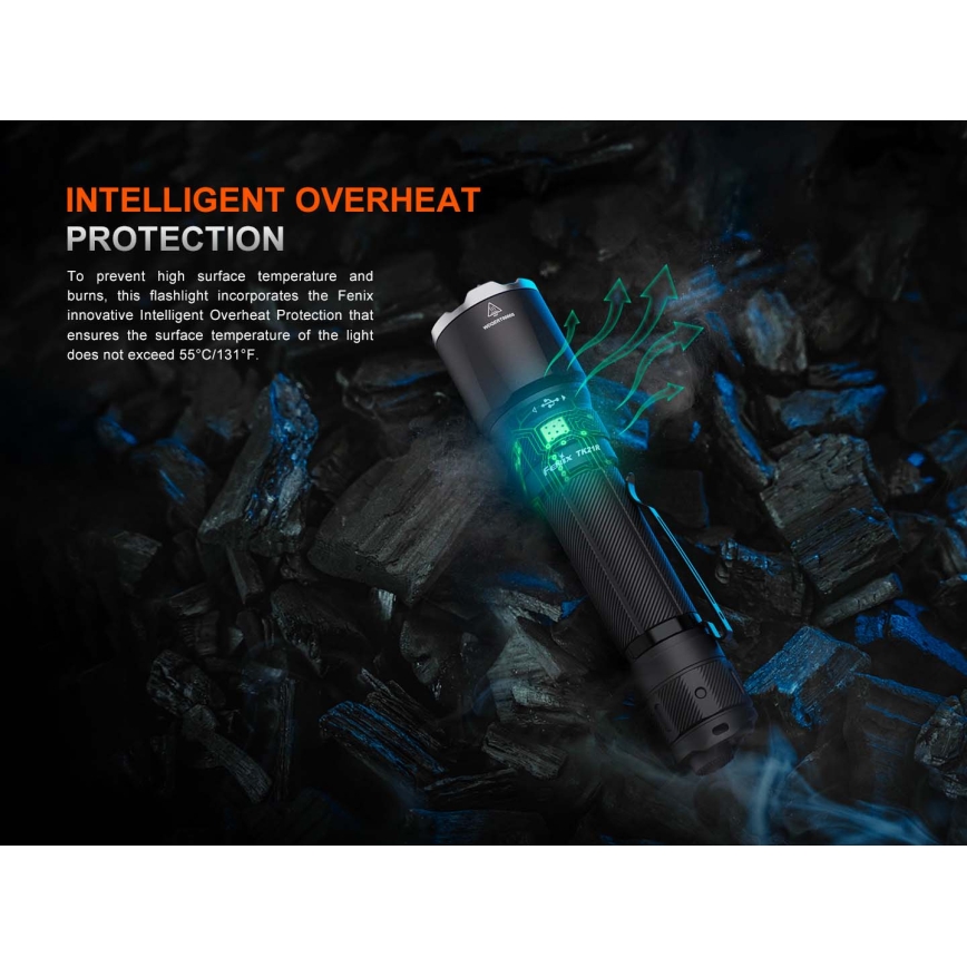 Fenix TK21RBLK - LED акумулаторен фенер с регулируема яркост и LED/USB зареждане, 6000 mAh, IP68, 3600 lm, 72,5 h, черен
