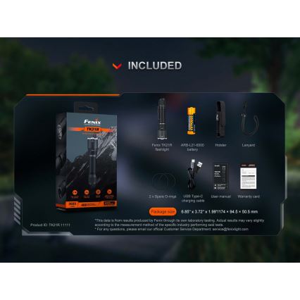 Fenix TK21RBLK - LED акумулаторен фенер с регулируема яркост и LED/USB зареждане, 6000 mAh, IP68, 3600 lm, 72,5 h, черен