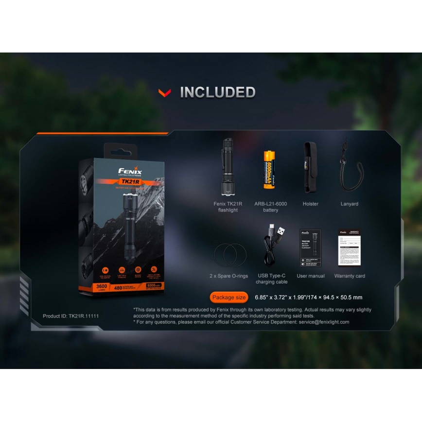 Fenix TK21RBLK - LED акумулаторен фенер с регулируема яркост и LED/USB зареждане, 6000 mAh, IP68, 3600 lm, 72,5 h, черен
