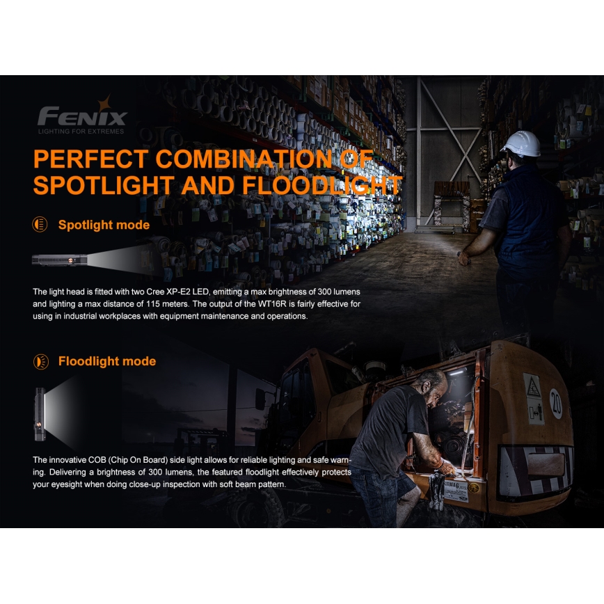 Fenix WT16R - LED Акумулаторно фенерче 2xLED/USB IP66 300 lm 30 ч