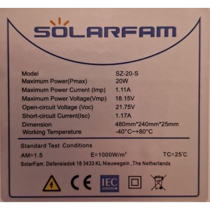 Фотоволтаичен панел 20W/12V