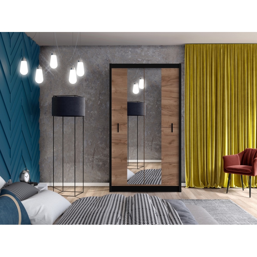 Гардероб с огледало MIRO 120x215 см дъб крафт/черен