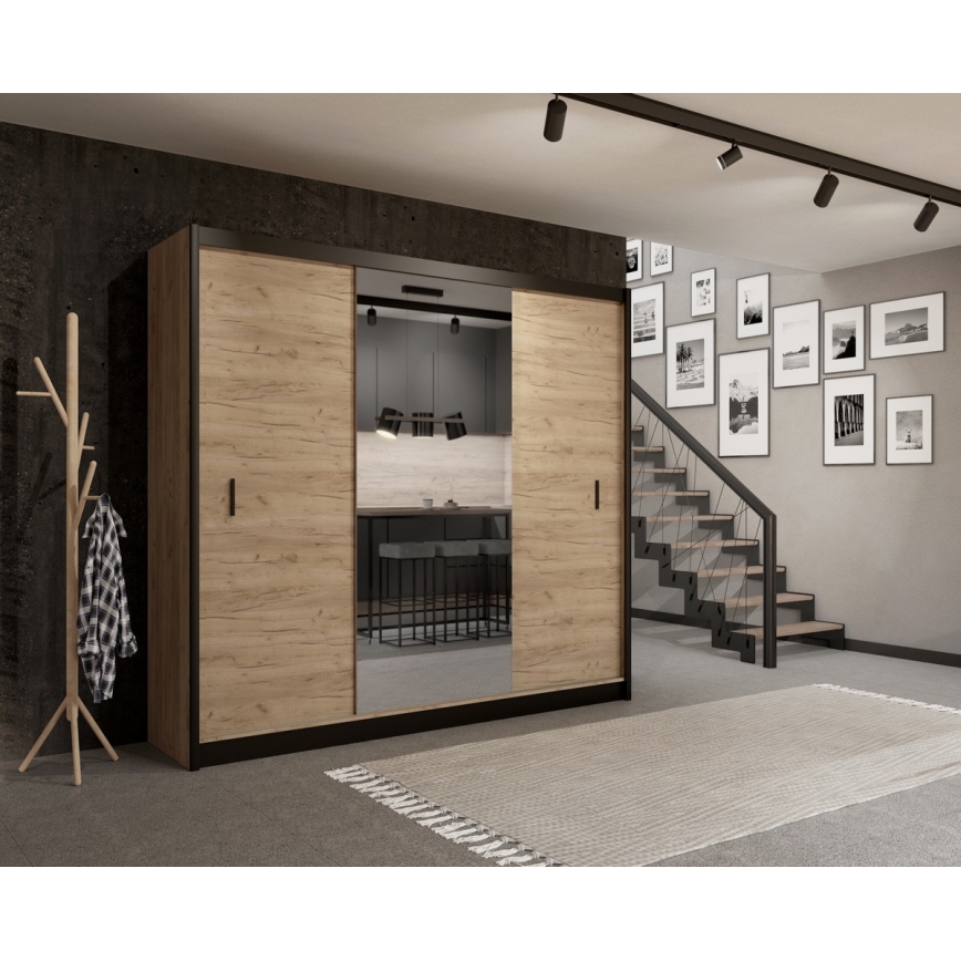 Гардероб с огледало MIRO 250x215 см дъб craft/черен