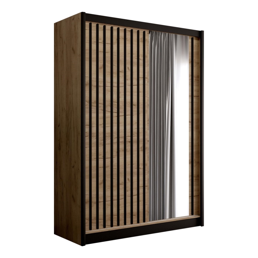 Garderob s ogledalo SANTINO 150x215 см дъб крафт/черно