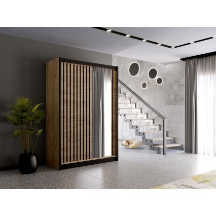 Garderob s ogledalo SANTINO 150x215 см дъб крафт/черно