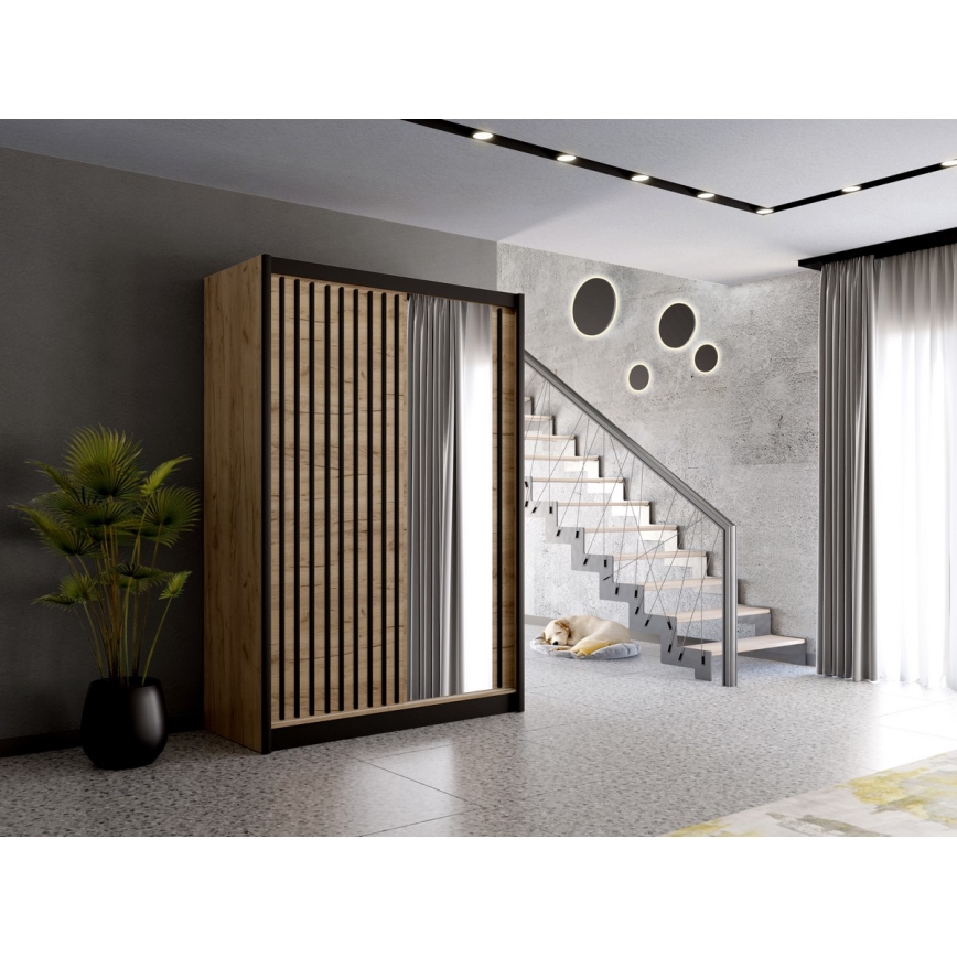 Garderob s ogledalo SANTINO 150x215 см дъб крафт/черно