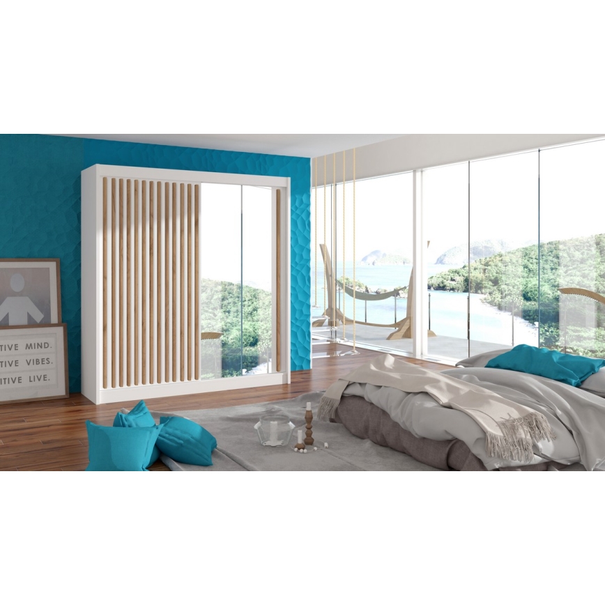 Гардероб с огледало SANTINO 203x215 см бял/дъб крафт