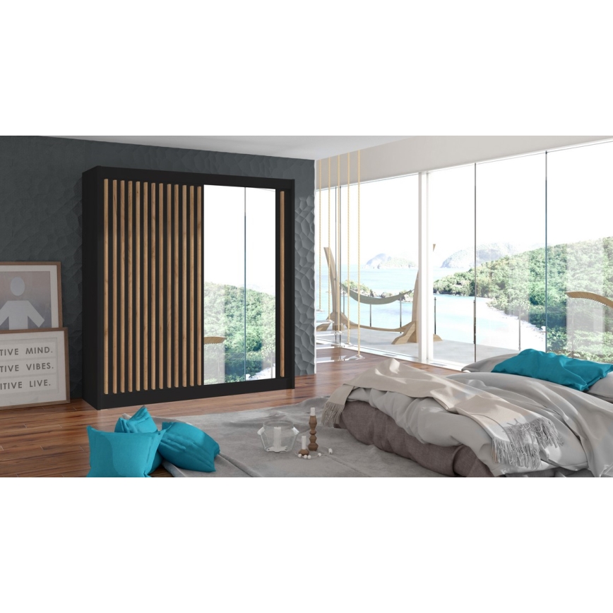 Гардероб с огледало SANTINO 203x215 см, черен/дъб крафт