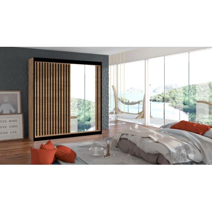 Гардероб с огледало SANTINO 203x215 см дъб крафт/черен