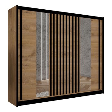 Gардероб с огледало SANTINO 250x215 см дъб крафт/черен