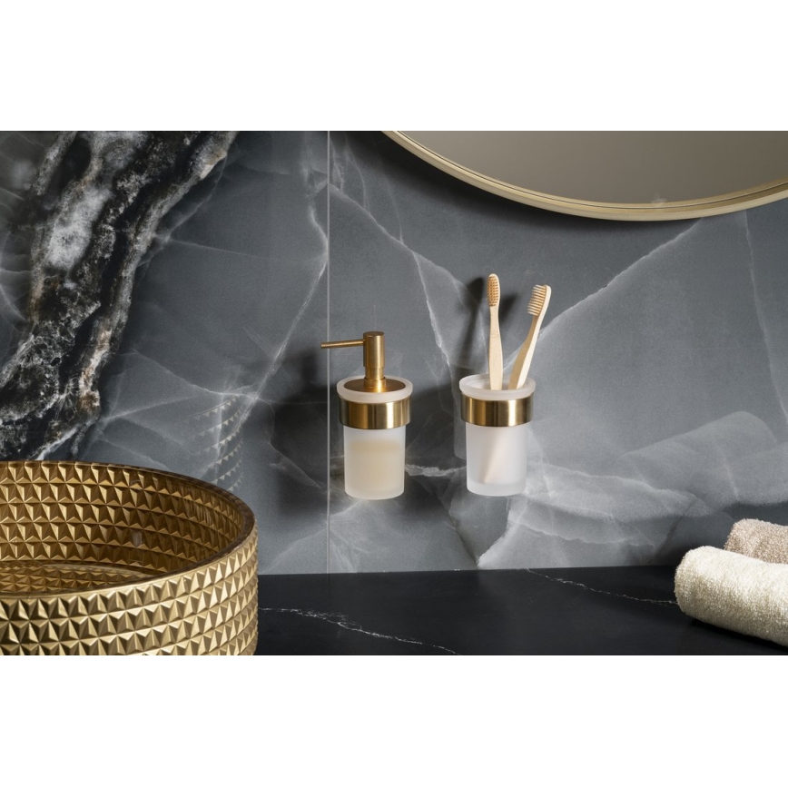 Gedy - Стенен дозатор за течен сапун PIRENEI 110 мл млечно стъкло/матово злато