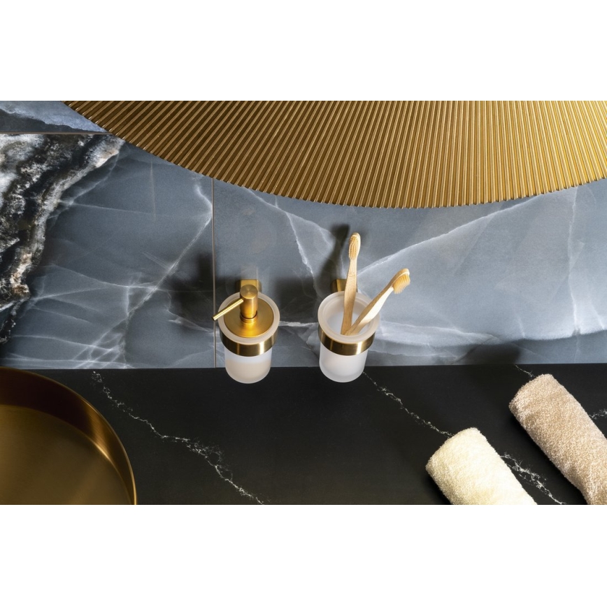 Gedy - Стенен дозатор за течен сапун PIRENEI 110 мл млечно стъкло/матово злато