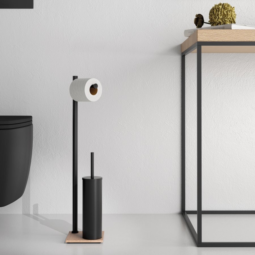 Gedy - Стояща четка за WC с държач за тоалетна хартия TRILLY матова черна/бамбук