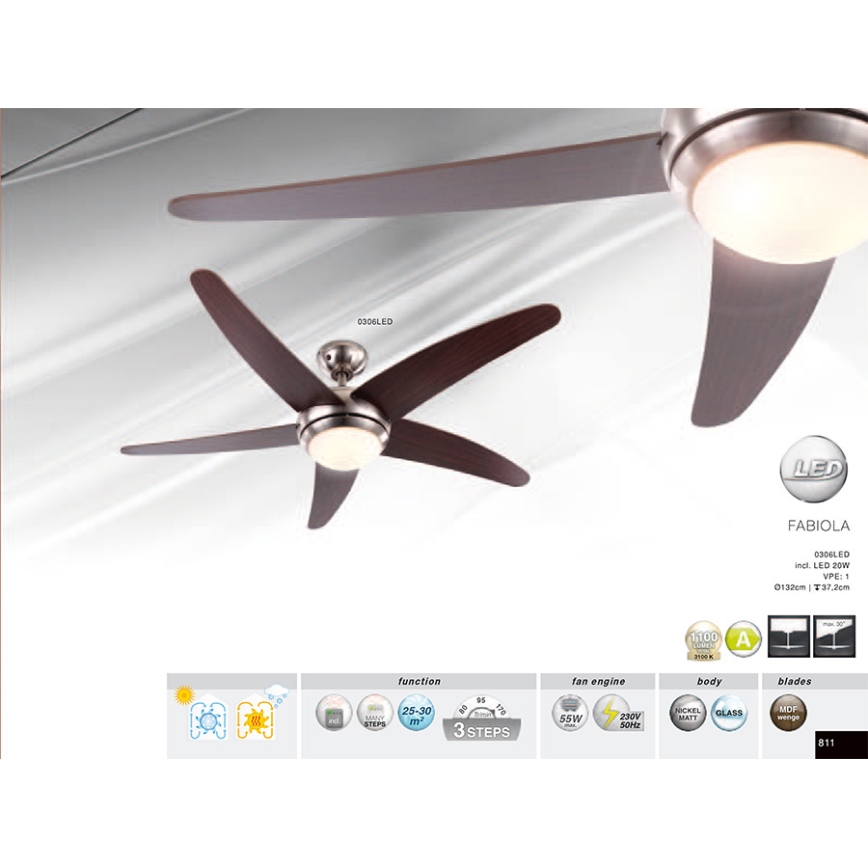 GLOBO 0306LED - Таванна Вентилатор FABIOLA 1xLED/20W/230V tm. орех