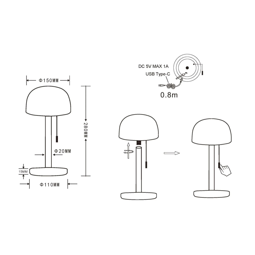 Globo - LED Акумулаторен настолна лампа LED/1,5W/3,7V 3000/4200/6000K 1800mAh черен
