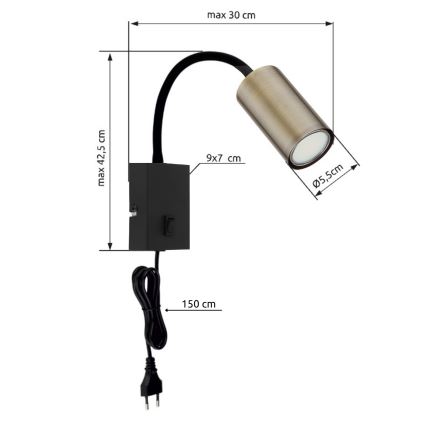 Globo - Гъвкав аплик 1xGU10/25W/230V черен/месинг