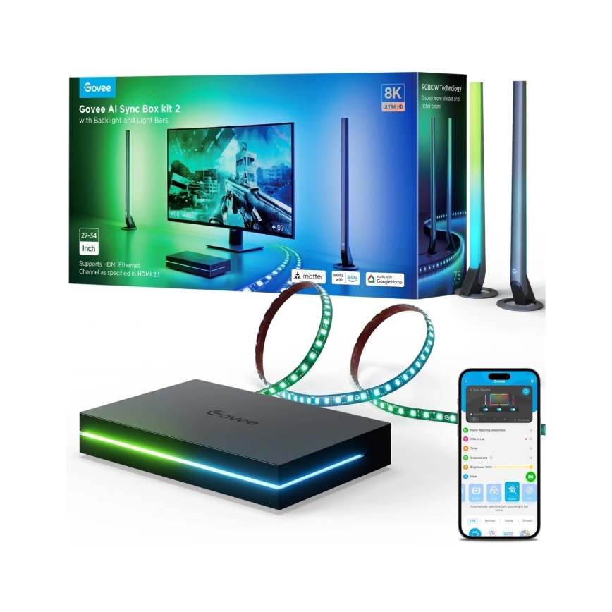 Govee - AI Sync Box Kit 2 интелигентен комплект за компютърно осветление 27-34 + LED панели с Wi-Fi