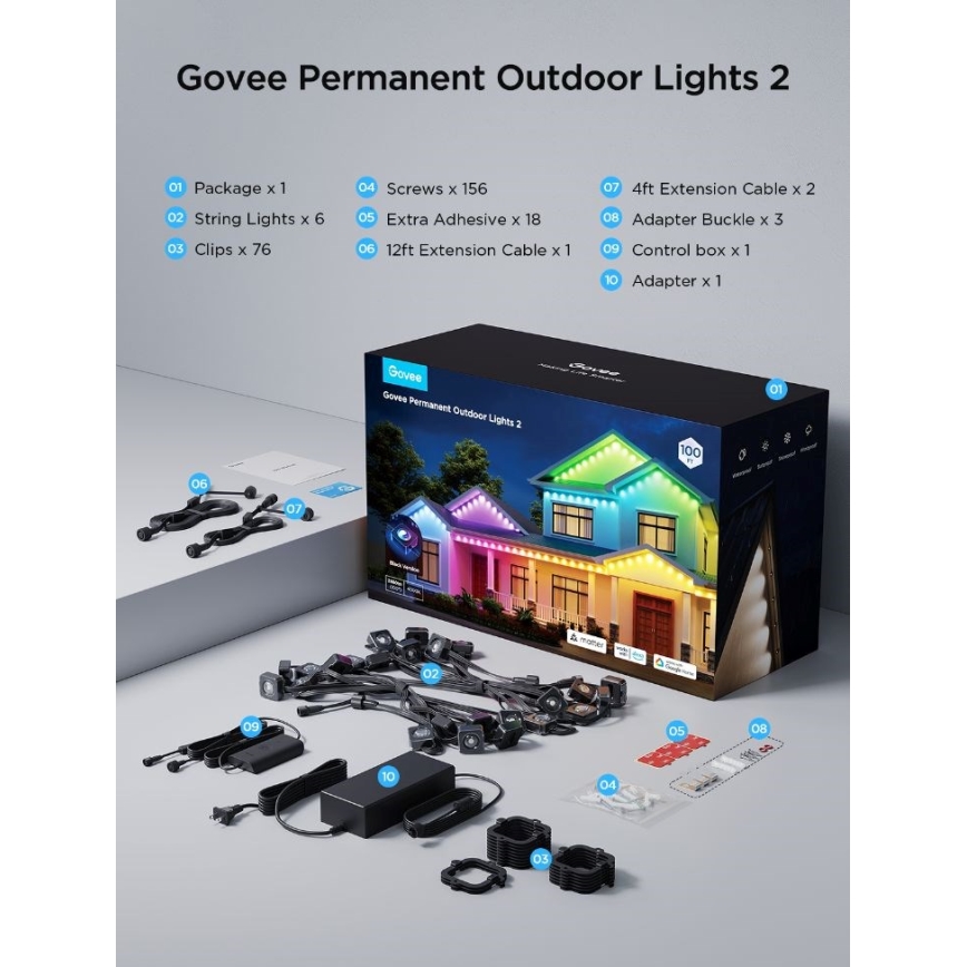 Govee - LED RGBIC гирлянд с downlight лампи 30m Wi-Fi Matter IP67