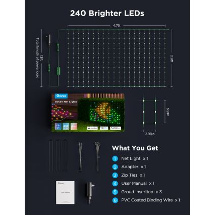 Govee - LED RGBIC Мрежа за външно осветление 143x85 см Wi-Fi Matter IP65