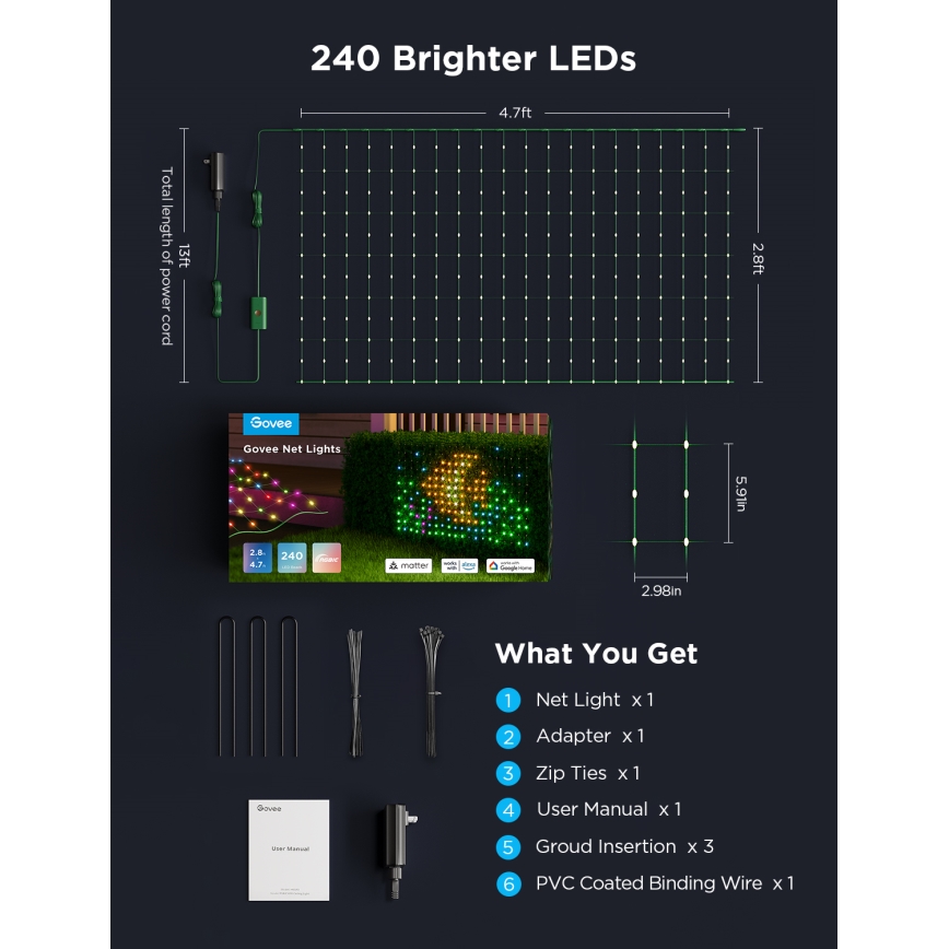 Govee - LED RGBIC Външна светлинна мрежа 143x85cm Wi-Fi Matter IP65