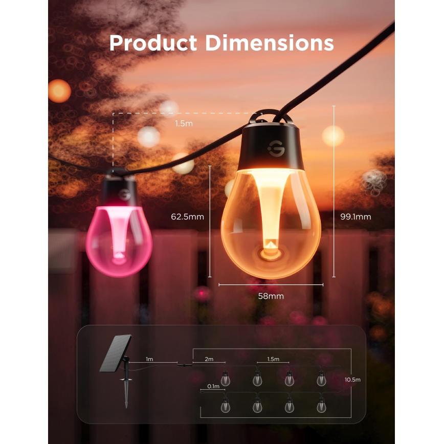 Govee - LED RGBICW соларен гирлянд 8xLED/6W/5V Wi-Fi Matter IP67