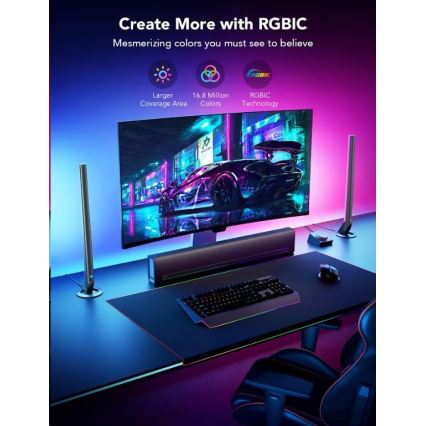 Govee - КОМПЛЕКТ 2x Smart Gaming Wi-Fi LED RGBIC панели + Smart Dual черен + дистанционно управление