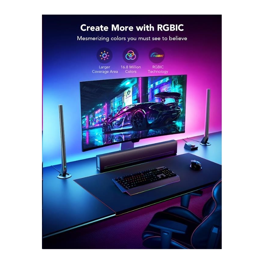 Govee - КОМПЛЕКТ 2x Smart Gaming Wi-Fi LED RGBIC панели + Smart Dual черен + дистанционно управление