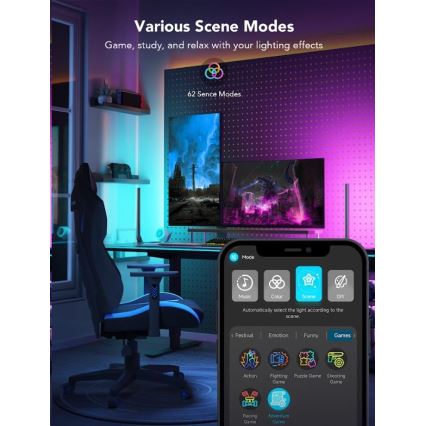 Govee - КОМПЛЕКТ 2x Smart Gaming Wi-Fi LED RGBIC панели + Smart Dual черен + дистанционно управление