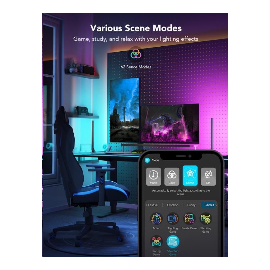 Govee - КОМПЛЕКТ 2x Smart Gaming Wi-Fi LED RGBIC панели + Smart Dual черен + дистанционно управление
