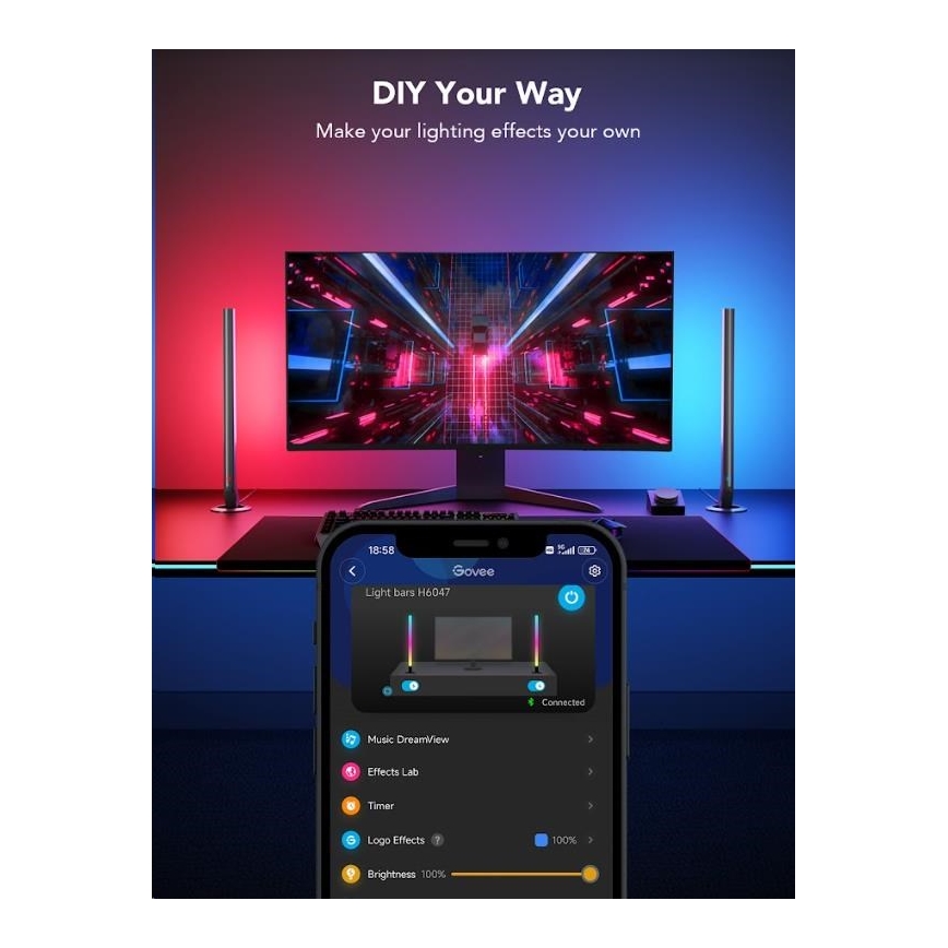 Govee - КОМПЛЕКТ 2x Smart Gaming Wi-Fi LED RGBIC панели + Smart Dual черен + дистанционно управление