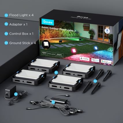 Govee - Комплект от 4 димируеми LED прожектора RGBICWW, 24W, 230V, IP66, с поддръжка на Matter и Wi‑Fi