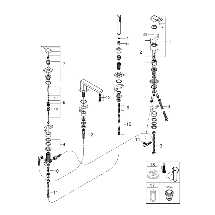 GROHE 19897001 - Смесител за вана с четири отвора EUROCUBE, полирано хромово покритие