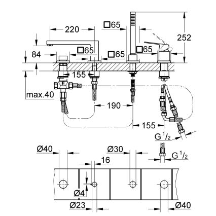 GROHE 19897001 - Смесител за вана с четири отвора EUROCUBE, полирано хромово покритие