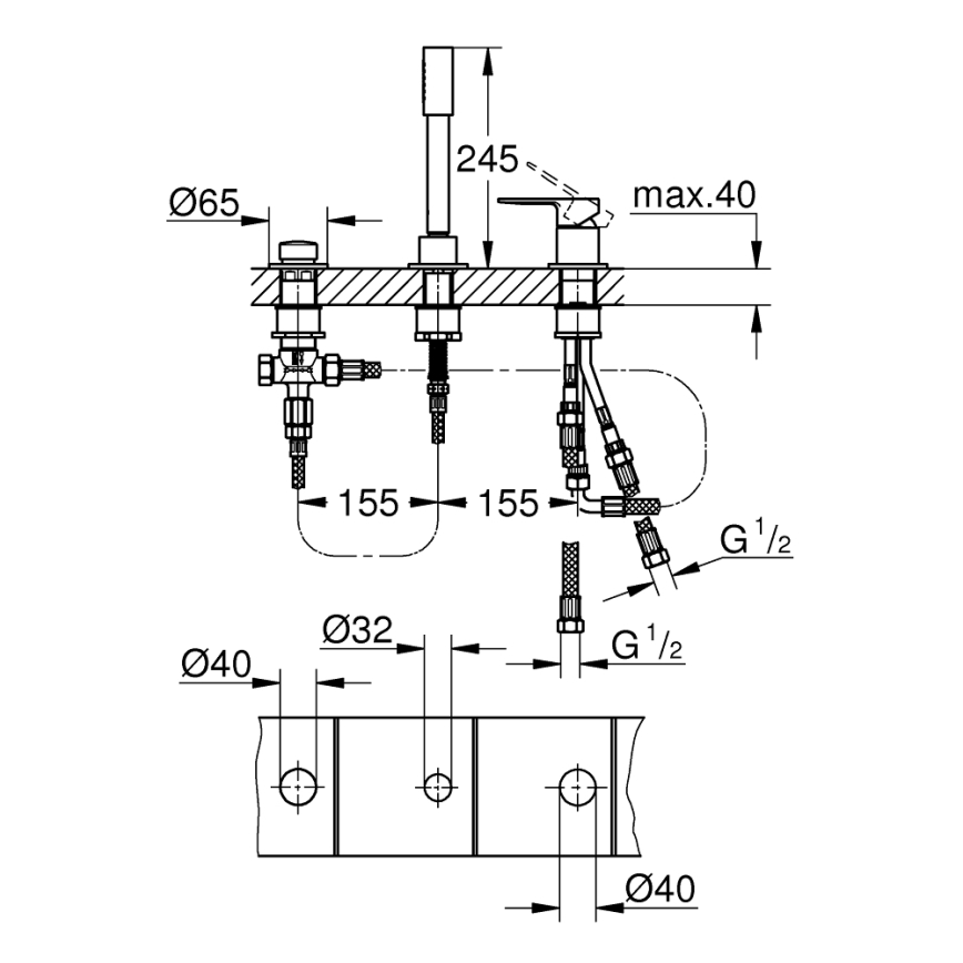 GROHE 19965001 - Смесител за вана с три отвора LINEARE, полирано хромово покритие