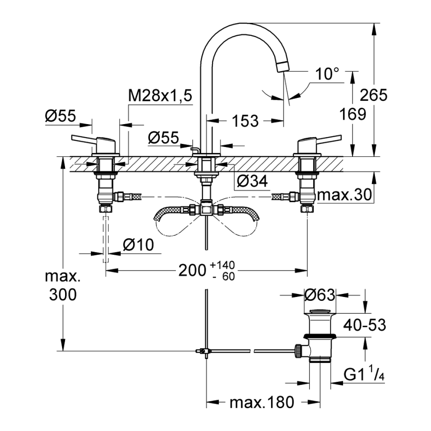 GROHE 20216001 - Смесител за умивалник CONCETTO, с три отвора, DN 15, размер L, хром
