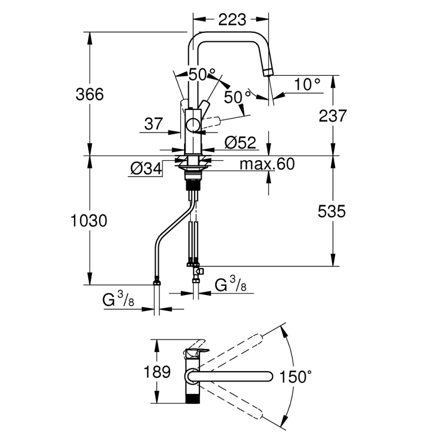 GROHE 30595000 - Смесител за мивка BLUE PURE Start 366 мм, блестящ хром