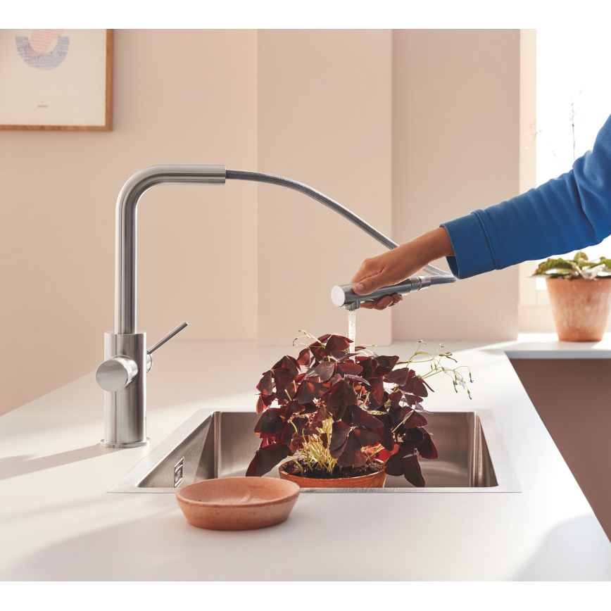 GROHE 30601DC0 - Кухненски смесител BLUE PURE с изтеглящ се излив, от неръждаема стомана