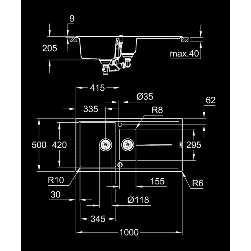 GROHE 31642AP0 - Гранитна мивка K400 1000 × 500 мм, черна