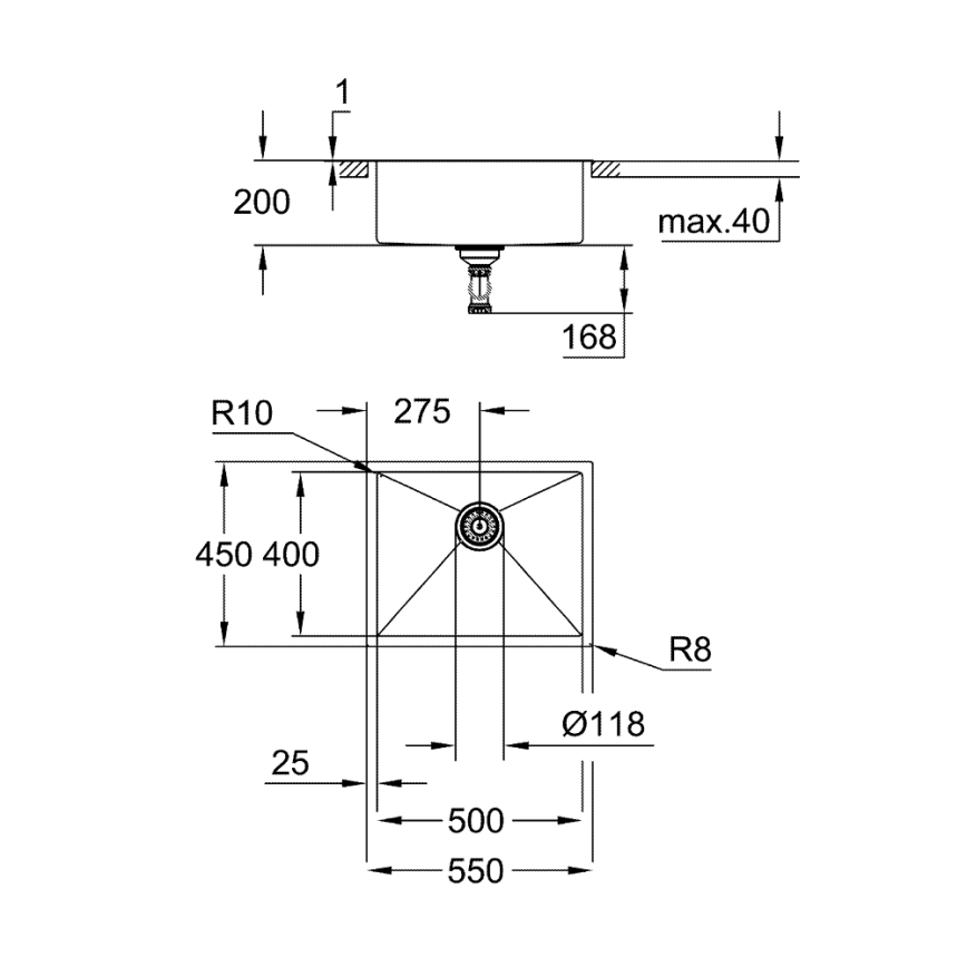 GROHE 31726SD0 - Кухненска мивка K700 550 × 450 мм, неръждаема стомана