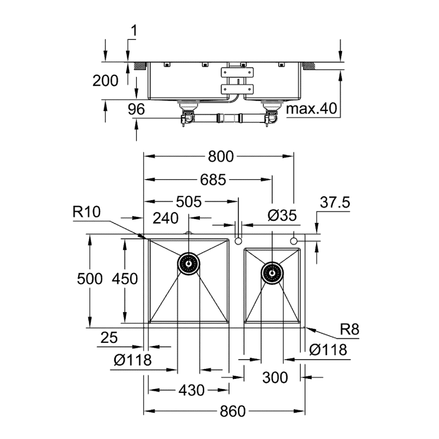 GROHE 31855SD0 - Кухненска мивка K700 860 × 500 мм неръждаема стомана
