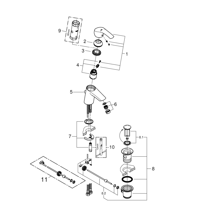 GROHE 33265002 - Смесител за умивалник EUROSMART DN 15, размер S, хром с висок гланц