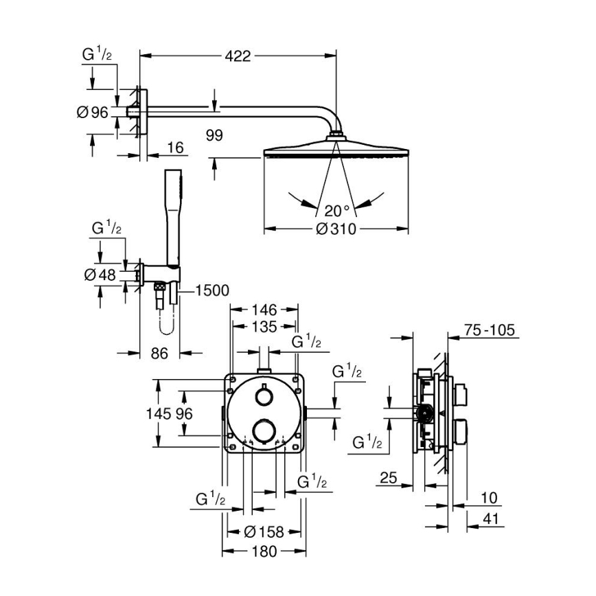 GROHE 34880000 - Комплект за душ с вграден смесител GROHTHERM SMARTCONTROL, блестящ хром
