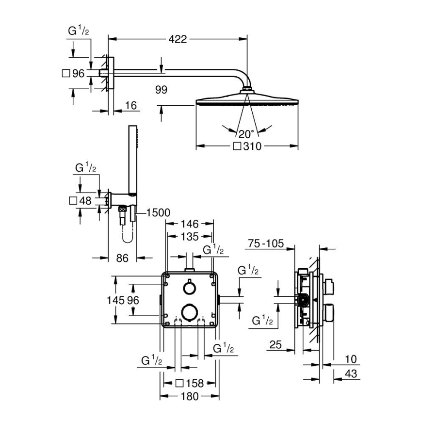 GROHE 34881000 - Вграден душов комплект PRECISION 310 × 310 mm лъскав хром