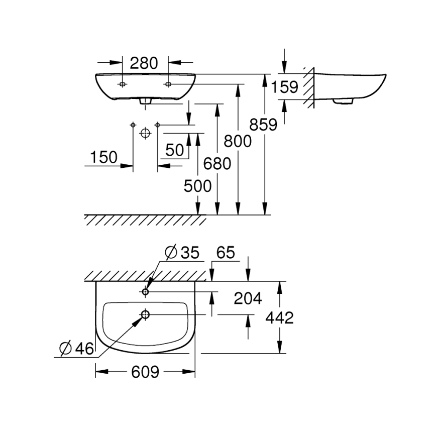 GROHE 39421000 - Стенен умивалник BAU CERAMIC 609 × 442 mm керамика/бял
