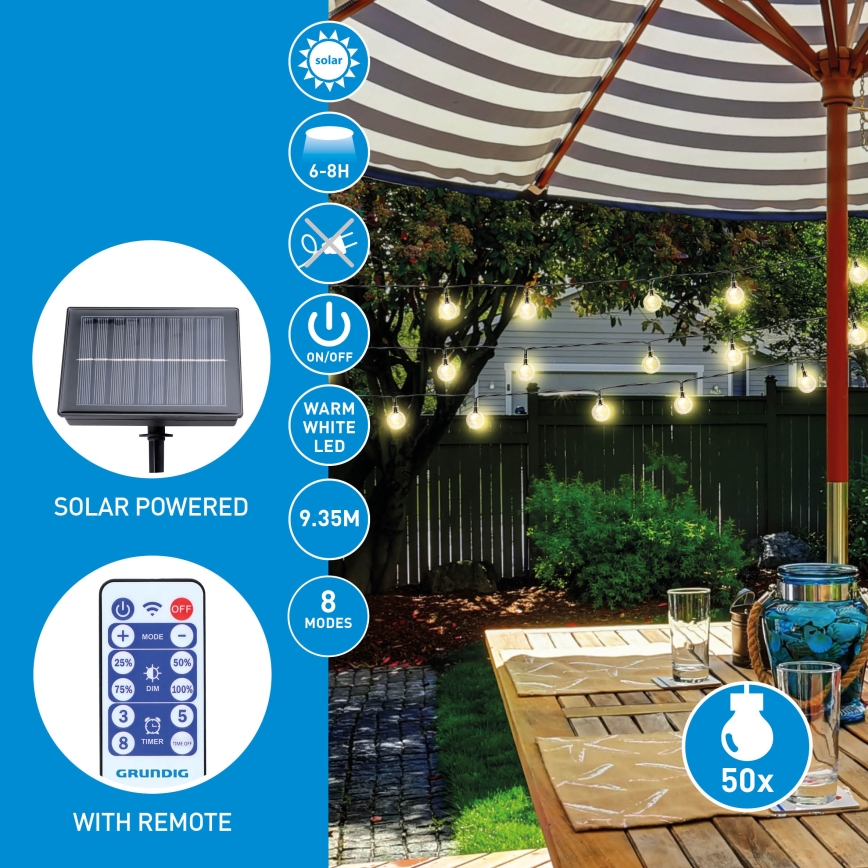 Grundig - LED Димируем соларен верига 50xLED/8 функции 9,35 м топло бяло + дистанционно управление