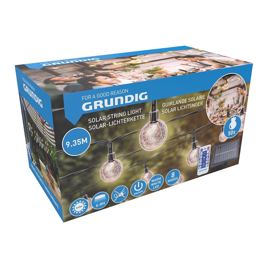 Grundig - LED Димируем соларен верига 50xLED/8 функции 9,35 м топло бяло + дистанционно управление
