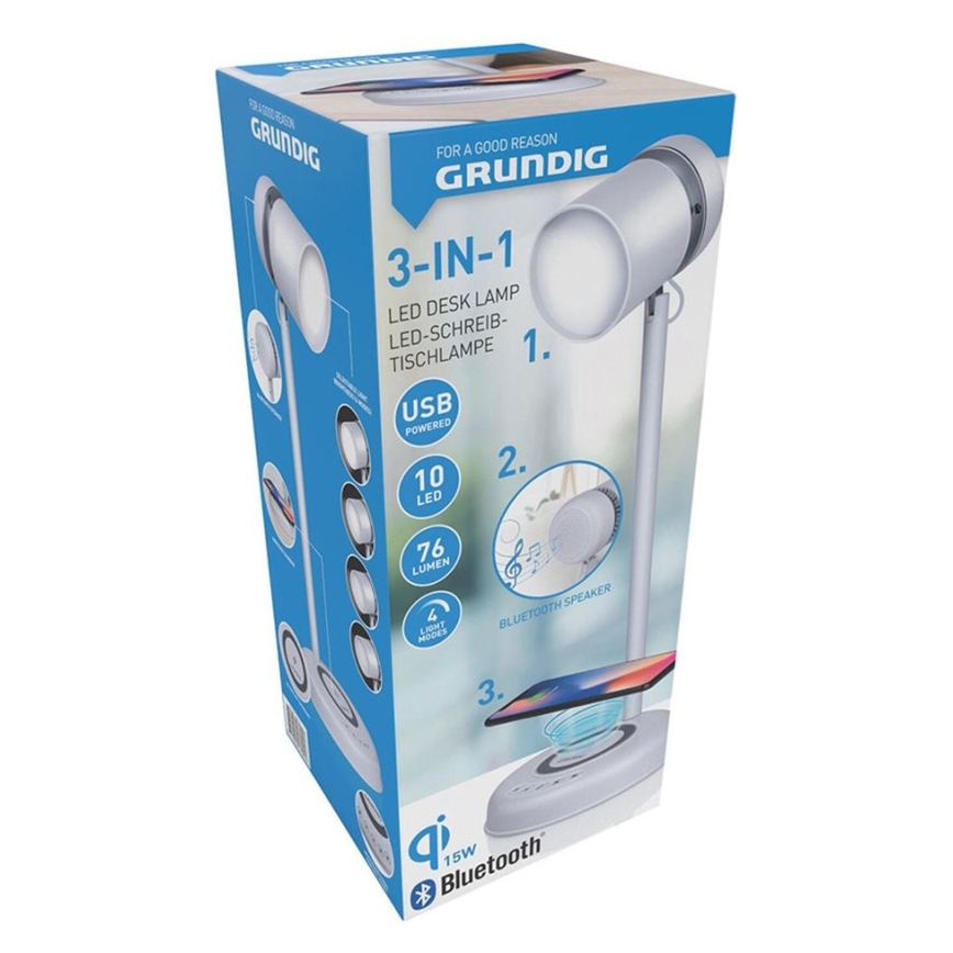 Grundig - LED настолна лампа с безжично зареждане и високоговорител 3 в 1 LED/15W/5V