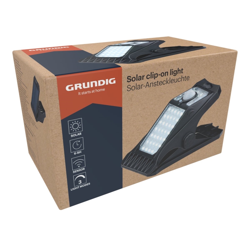 Grundig - LED соларна лампа с датчик за движение и здрач CLIP-ON LED/9W/3,7V 1500 mAh IP44