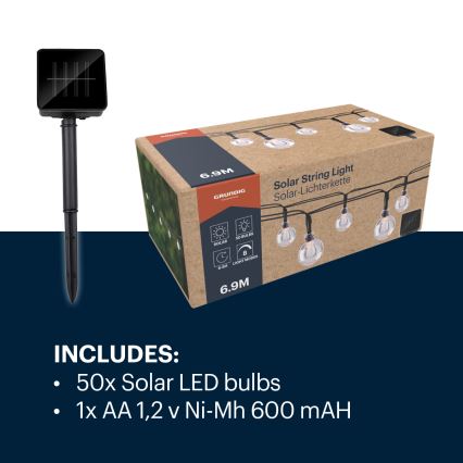 Grundig - LED Соларна верига 50xLED/8 функции 6,9m топло бяло